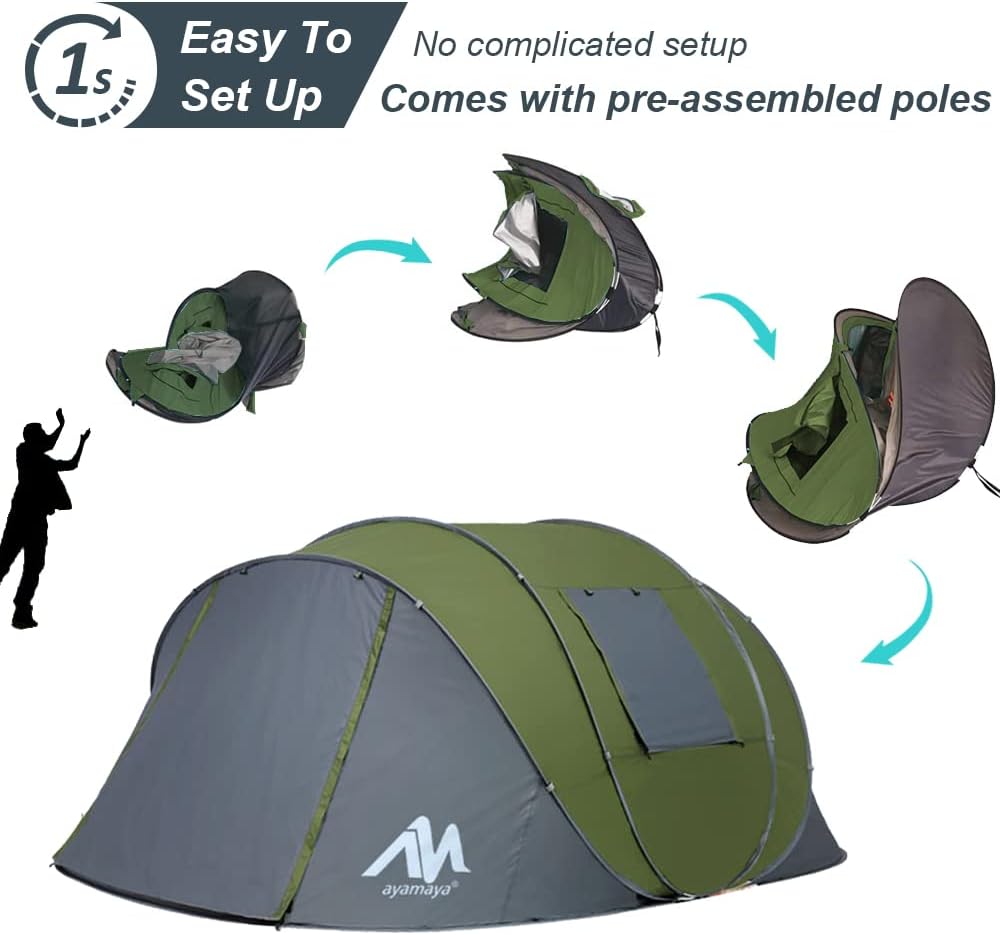 6 Person Easy Pop Up Tents for Camping - AYAMAYA Double Layer Waterproof Instant Tent with Vestibule  Porch, Large Size Family Tent Automatic Setup for 4-6 People Camping Hiking (Poles Included)