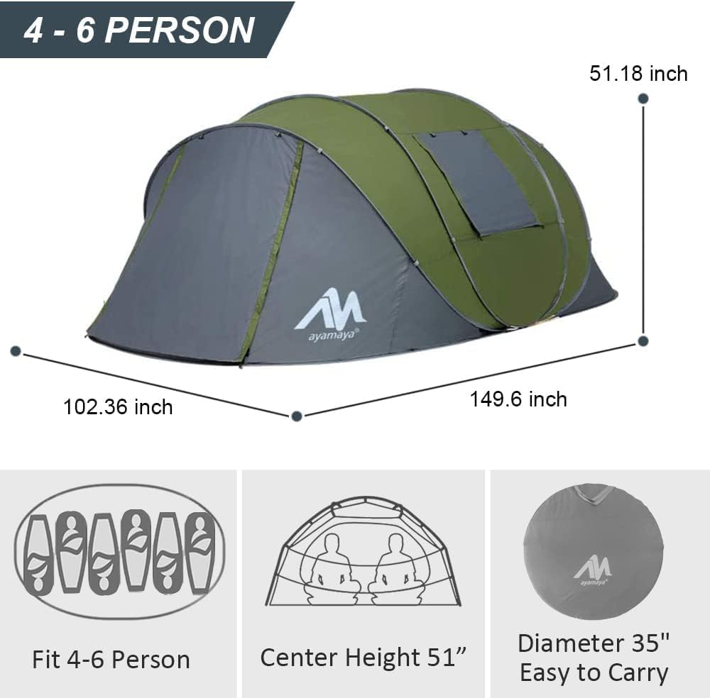 6 Person Easy Pop Up Tents for Camping - AYAMAYA Double Layer Waterproof Instant Tent with Vestibule  Porch, Large Size Family Tent Automatic Setup for 4-6 People Camping Hiking (Poles Included)