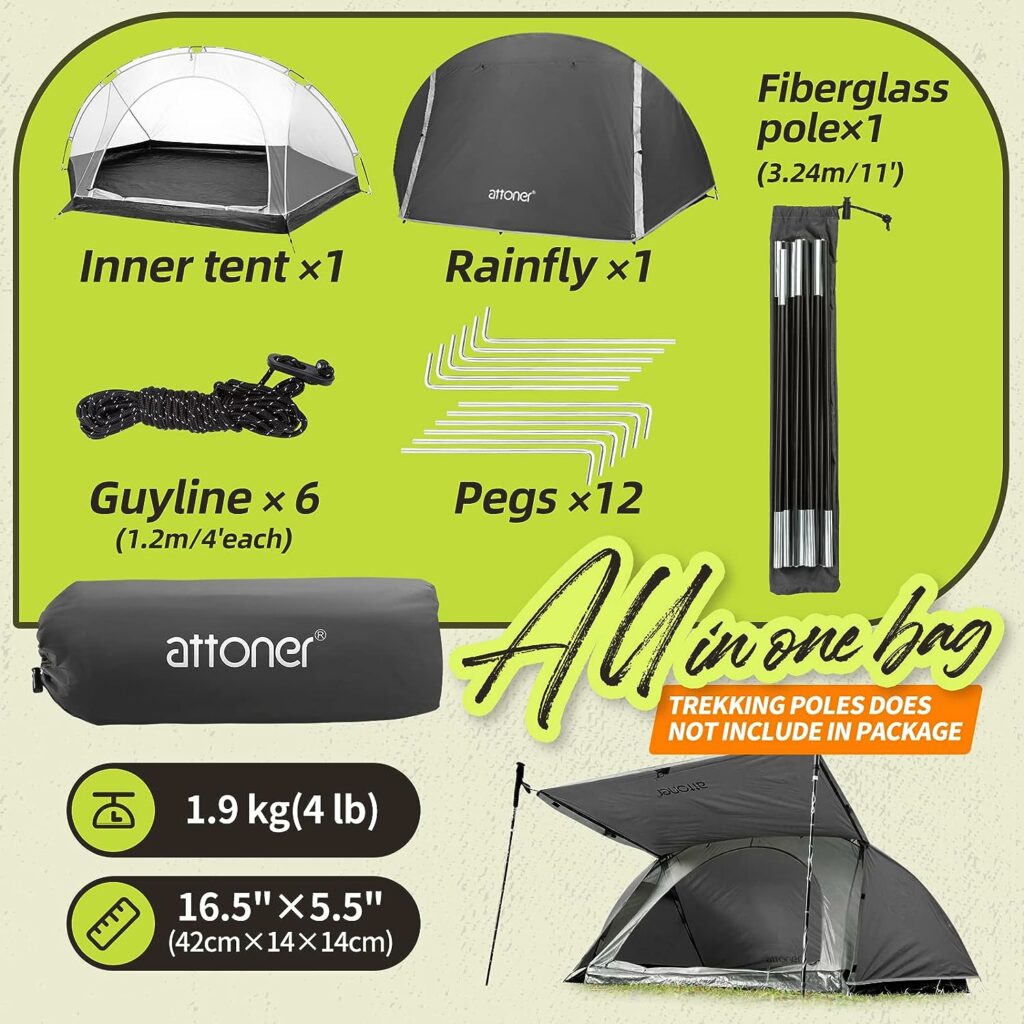 ATTONER Tent for Camping, 1-2 Person Tent, 3-4 Season Backpacking Tent, Lightweight Outdoor Waterproof Tent for Hiking and Traveling