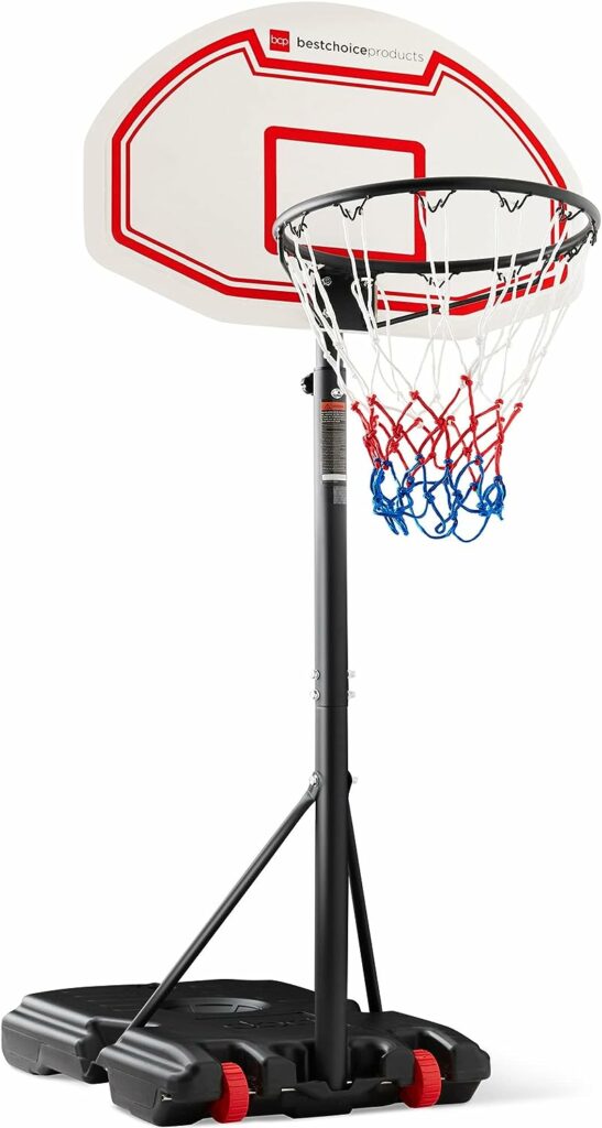 Best Choice Products Kids Height-Adjustable Basketball Hoop, Portable Backboard System w/ 2 Wheels, Fillable Base, Weather-Resistant, Nylon Net, Adjusts from 70.5in to 82.3in - White