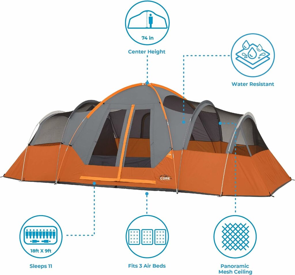 CORE Tents for Family Camping, Hiking and Backpacking | 4 Person / 6 Person / 9 Person / 11 Person Dome Camp Tents with Included Tent Gear Loft for Outdoor Accessories