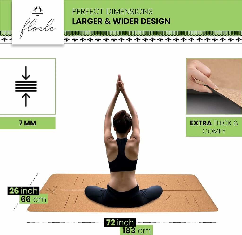 Floele Eco Friendly Yoga mat (183 x 66 x 0.7 cm) Extra Wide  Thick Exercise Mat - Non Toxic  Non slip Yoga Mat with Strap, Cork Ball  Storage Bag
