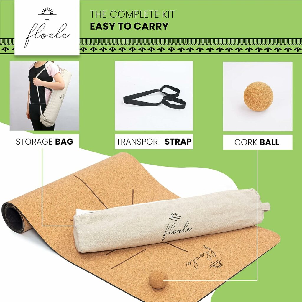 Floele Eco Friendly Yoga mat (183 x 66 x 0.7 cm) Extra Wide  Thick Exercise Mat - Non Toxic  Non slip Yoga Mat with Strap, Cork Ball  Storage Bag