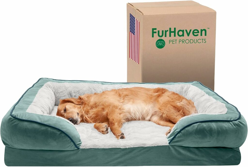 Furhaven Cooling Gel Dog Bed for Large Dogs w/ Removable Bolsters  Washable Cover, For Dogs Up to 95 lbs - Plush  Velvet Waves Perfect Comfort Sofa - Celadon Green, Jumbo/XL