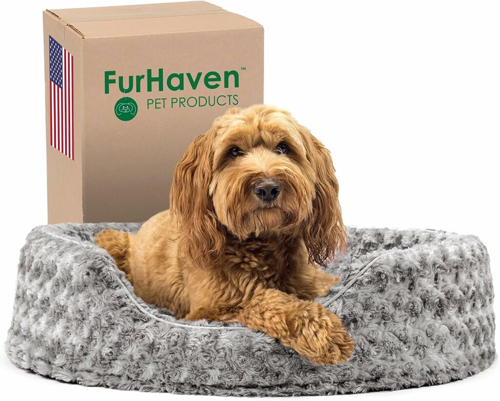 Furhaven Dog Bed for Large/Medium Dogs w/ Removable Washable Cover  Pillow Cushion Insert, For Dogs Up to 30 lbs - Ultra Plush Faux Fur Oval Lounger - Gray, Large