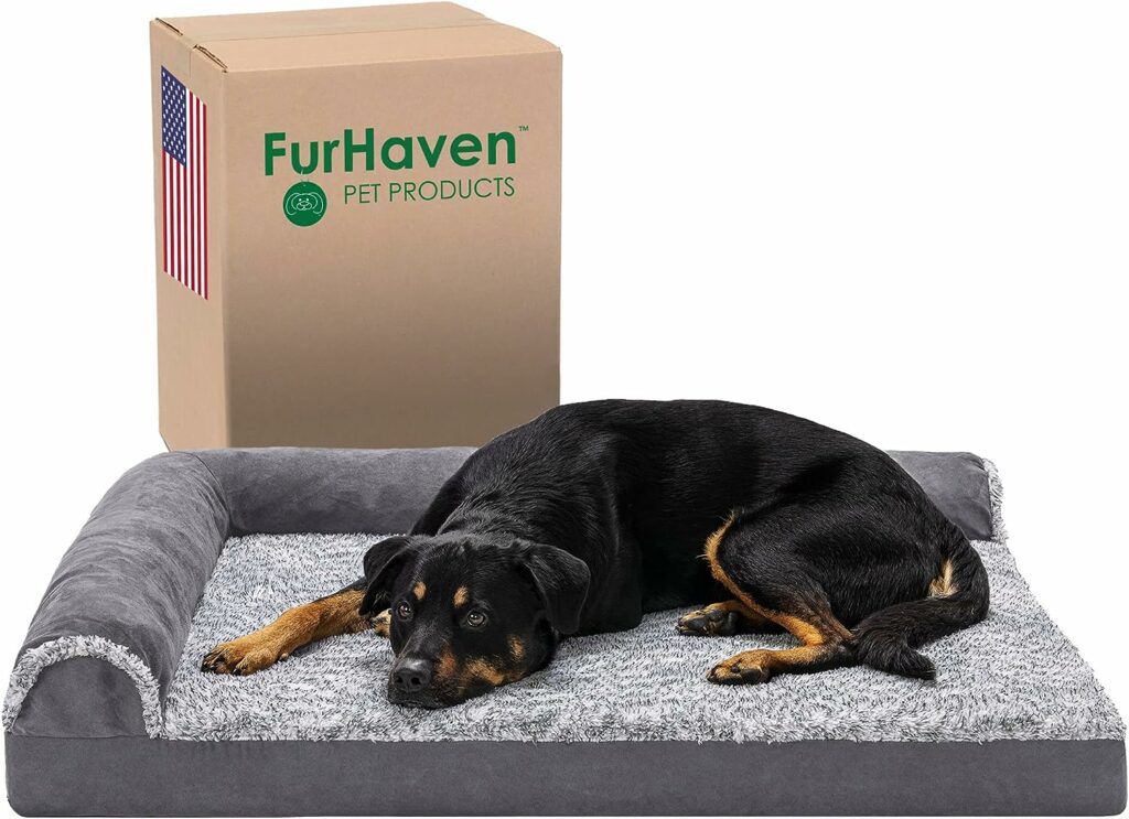 Furhaven Orthopedic Dog Bed for Large Dogs w/ Removable Bolsters  Washable Cover, For Dogs Up to 95 lbs - Two-Tone Plush Faux Fur  Suede L Shaped Chaise - Stone Gray, Jumbo/XL