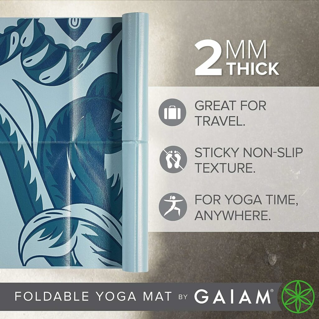 Gaiam Yoga Mat - Folding Travel Fitness  Exercise Mat - Foldable Yoga Mat for All Types of Yoga, Pilates  Floor Workouts (68L x 24W x 2mm Thick)