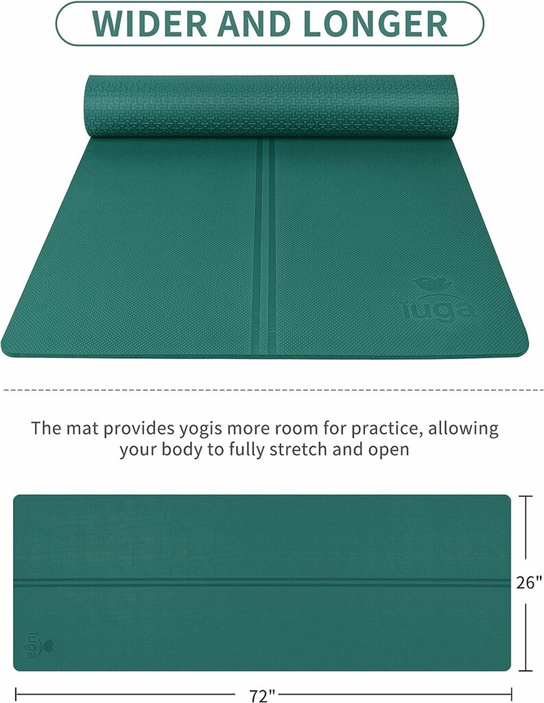 IUGA Eco Friendly Yoga Mat with Alignment Lines, Free Carry Strap, Non Slip TPE Yoga Mat for All Types of Yoga, Extra Large Exercise and Fitness Mat Size 72”X26”X1/4