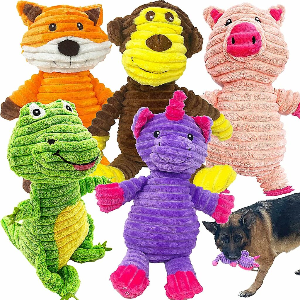 Jalousie 5 Pack Plush Toys Assortment Value Bundle Puppy Pet Mutt Squeak Toy for Medium Large Dogs