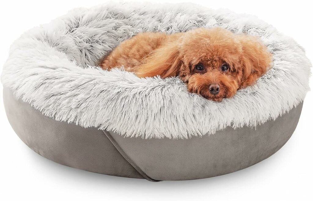 JOEJOY Calming Dog Bed for Small Dogs, Anti-Anxiety Puppy Cuddler Bed, Cozy Soft Round Fluffy Plush Pet Bed, Machine Washable and Anti-Slip Bottom (23, Grey)