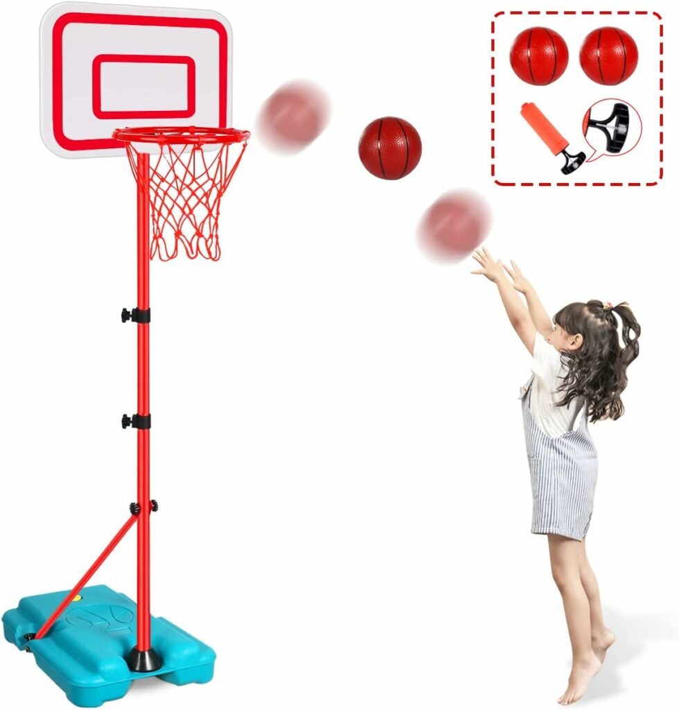 Kids Basketball Hoop Adjustable Height 2.9 ft-6.2 ft Toddler Basketball Hoop for Kids Indoor Outdoor Play Mini Portable Kids Basket Ball Goal Backyard Outside Toys for Boys Girls Age 3 4 5 6 7 8 Gift