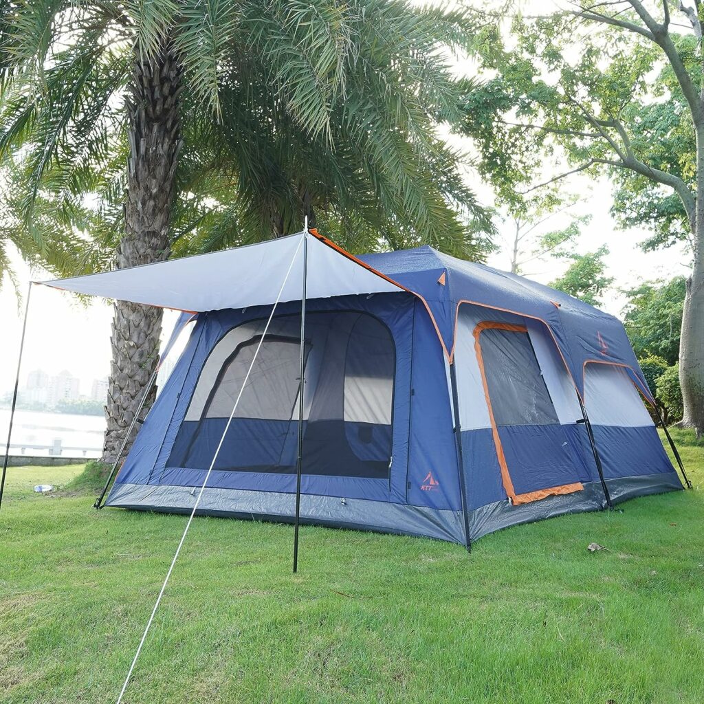 KTT Extra Large Tent 10-12 Person(B),Family Cabin Tents,2 Rooms,Straight Wall,3 Doors and 3 Windows with Mesh,Waterproof,Double Layer,Big Tent for Outdoor,Picnic,Camping,Family Gathering