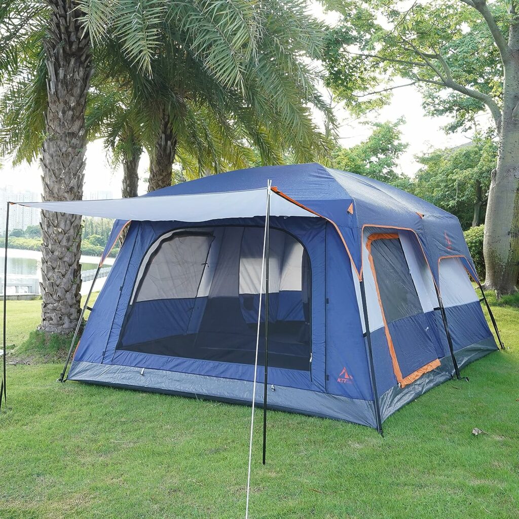 KTT Extra Large Tent 10-12 Person(B),Family Cabin Tents,2 Rooms,Straight Wall,3 Doors and 3 Windows with Mesh,Waterproof,Double Layer,Big Tent for Outdoor,Picnic,Camping,Family Gathering