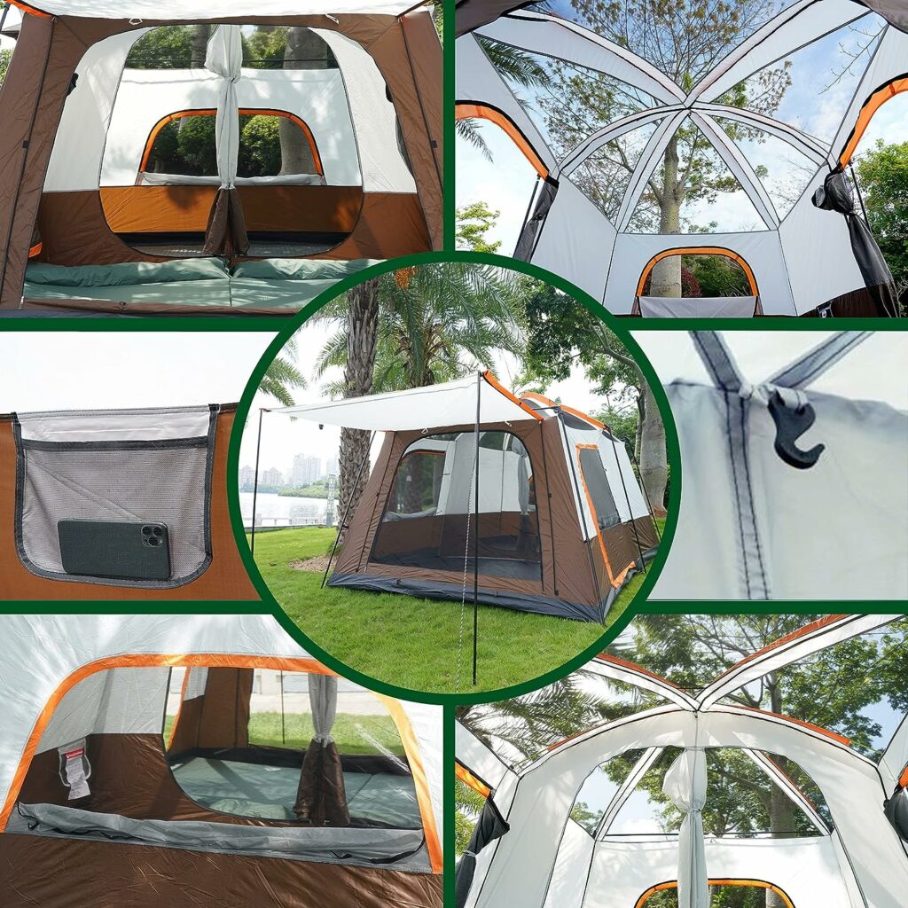 KTT Extra Large Tent 12 Person(Style-A),Family Cabin Tents,2 Rooms,Straight Wall,3 Doors and 3 Window with Mesh,Waterproof,Double Layer,Big Tent for Outdoor,Picnic,Camping,Family Gathering.