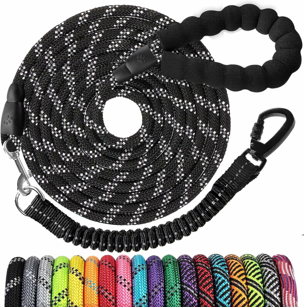 Long Dog Leash 15 FT: Heavy Duty Rope Leashes for Dogs Training with Swivel Lockable Hook Reflective Threads Bungee and Padded Handle - Dog Lead for Large Small Medium Dogs Outside Walking Hiking