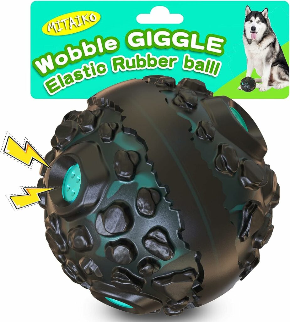 MITAIKO Dog Toy Ball for Aggressive Chewers, Interactive Fetch Dog Ball with Fun Squeaky Giggle Sound, Durable for Small Medium Large Dogs, Non-Toxic Elastic Rubber Pet Chew Toys, Black  Lake Blue