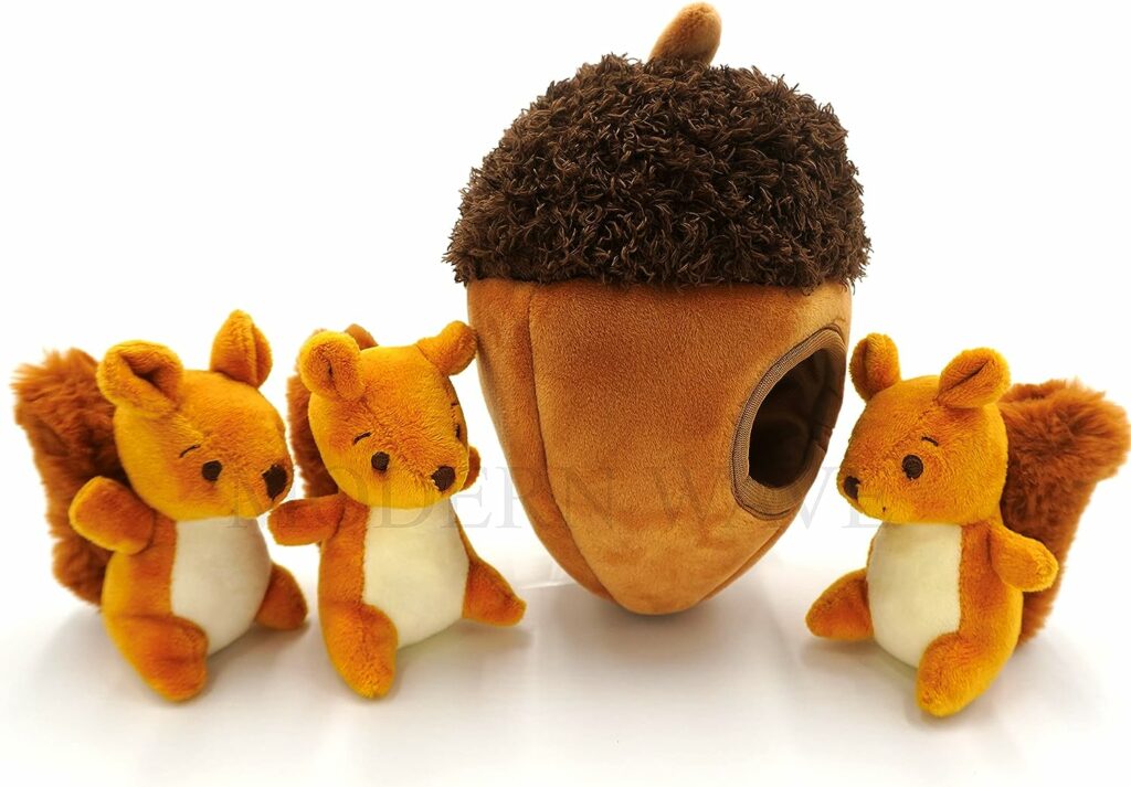 MODERN WAVE - Interactive Squeaky Plush Hide and Seek Squirrel Type Puzzle Toy for Dogs, Medium Size (Acorn and Squirrels)