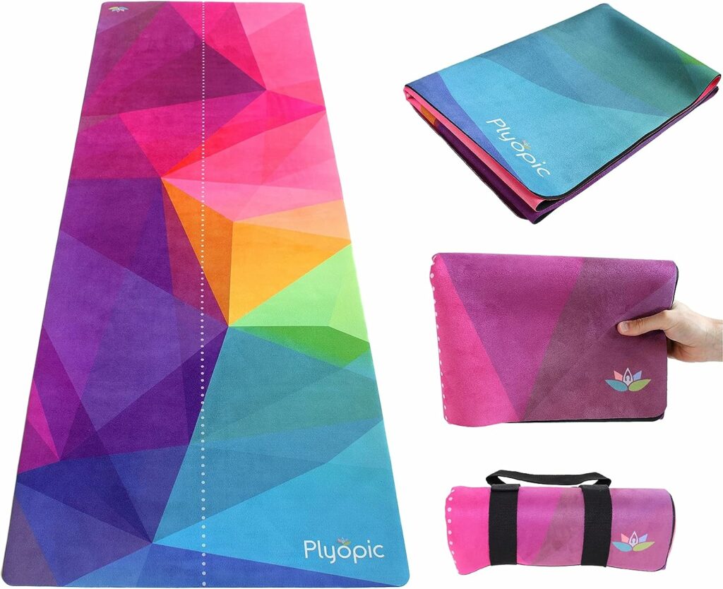 PLYOPIC 3-in-1 Travel Yoga Mat/Hot Yoga Towel/Gym Mat Topper. Non-Slip, Portable, Foldable, Washable and Eco-Friendly | 1.5mm Thin | Ideal for Yoga, Hot Yoga, Pilates, Fitness, Exercise and Travel
