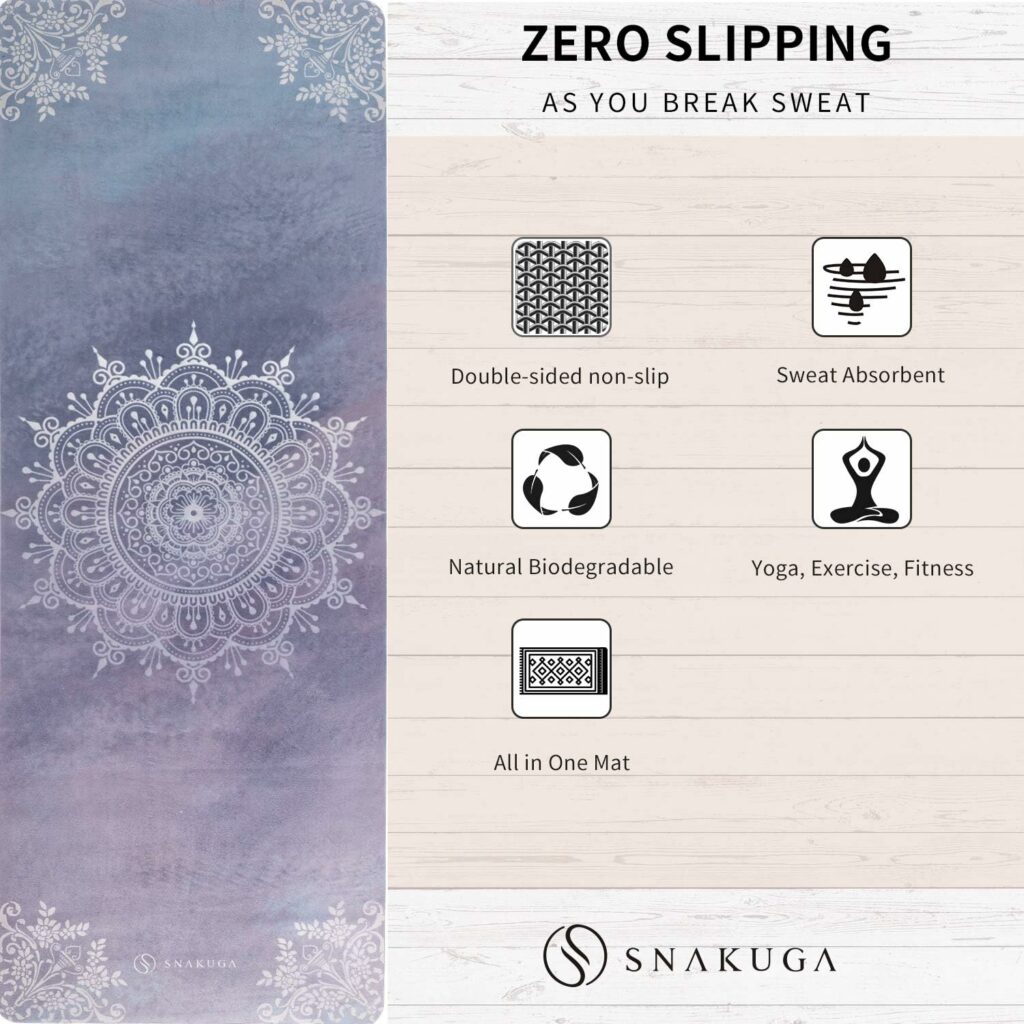 SNAKUGA Travel Yoga Mat, Non Slip Exercise Suede Mat with Carry Bag, All-Purpose Fitness Mat with High Density Anti-Tear Surface for Women, Ideal for Pilates Workout (72 x 26 x 1.5mm Thick)