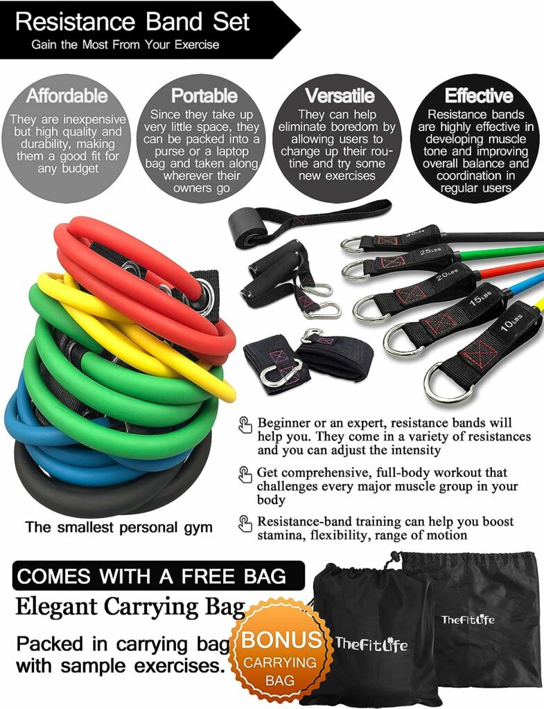 TheFitLife Exercise Resistance Bands with Handles - 5 Fitness Workout Bands Stackable up to 110/150/200/250/300 lbs, Training Tubes with Large Handles, Ankle Straps, Door Anchor, Carry Bag