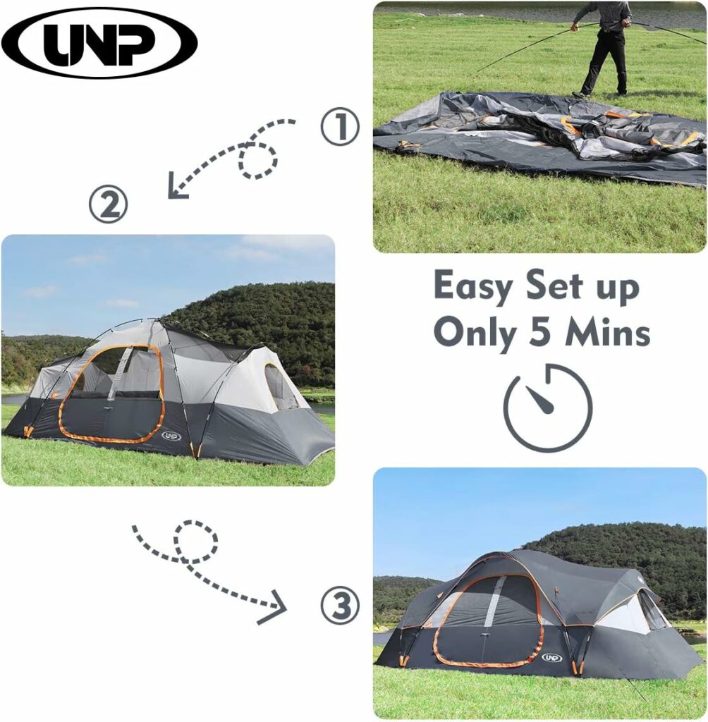 UNP Camping Tent 10-Person-Family Tents, Parties, Music Festival Tent, Big, Easy Up, 5 Large Mesh Windows, Double Layer, 2 Room, Waterproof, Weather Resistant, 18ft x 9ft x78in