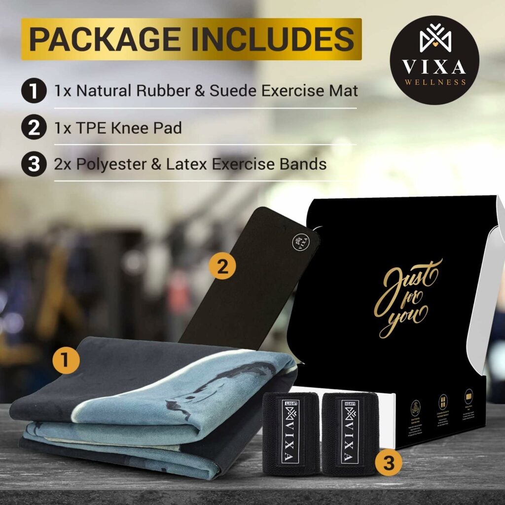 Vixa Luxurious Yoga Mat Set with Booty Bands, Perfect Bikram and Hot Yoga Mat with Super-Grip Natural Rubber Base and Extra-Absorbent Suede Material, 1.5mm Foldable Yoga Mat For Travel, with Added Knee Mat for Extra Support