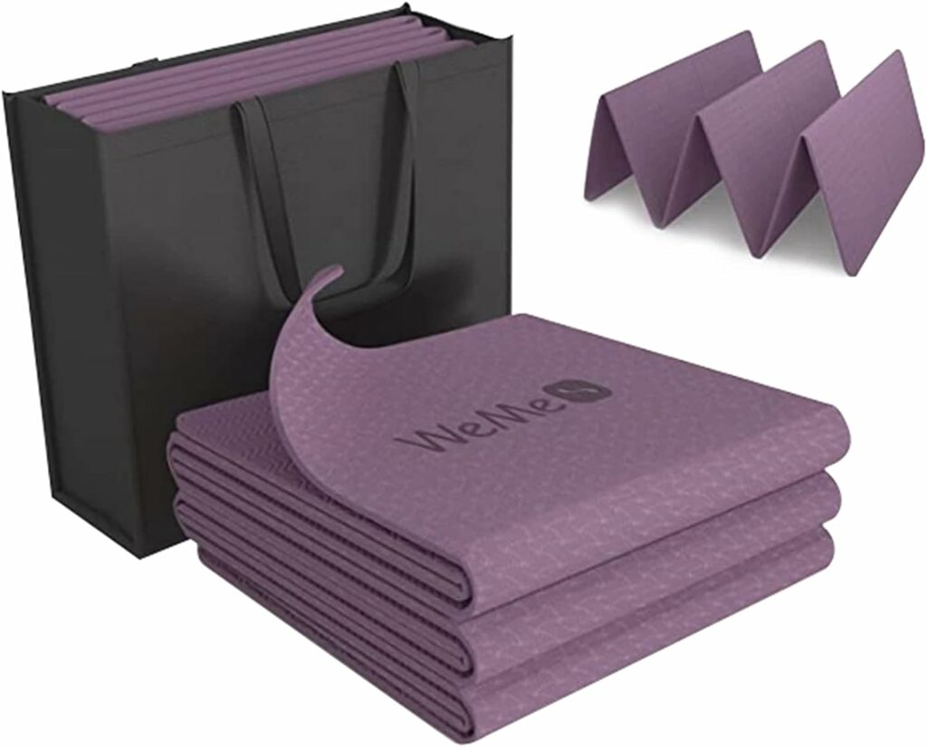WeMe Yoga Mat, Folding Yoga Travel Mat with TPE Material Non Slip Double-Sided, Anti-Tear, Fitness Mats Foldable 1/4 Thick for Floor Exercises, Pilates etc, Women Men Home Workout (With Storage Bag)