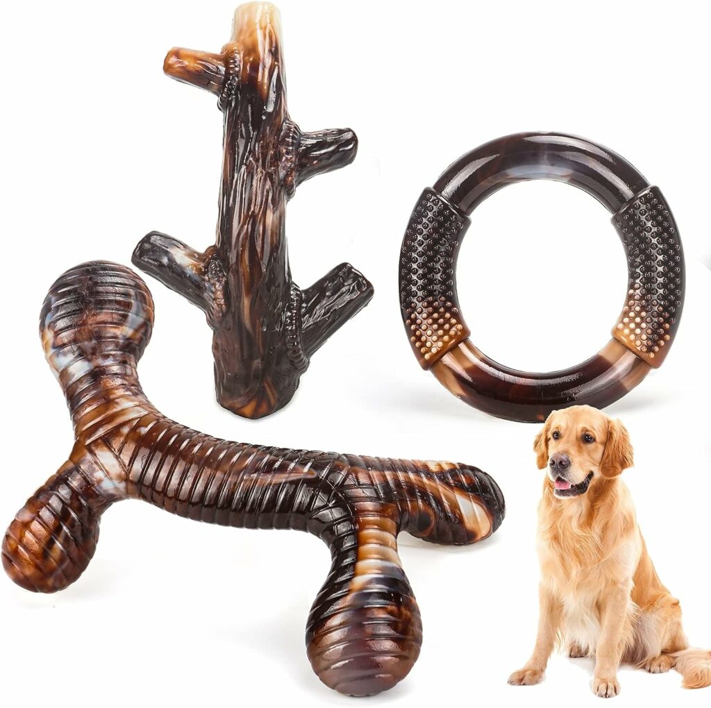 Zimtty Dog Toys, 3 Pack Indestructible Dog Chew Toys for Aggressive Chewers, Durable Tough Nylon Real Bacon Flavor Teething Chew Toys for Large Medium Small Dog (Brown1)
