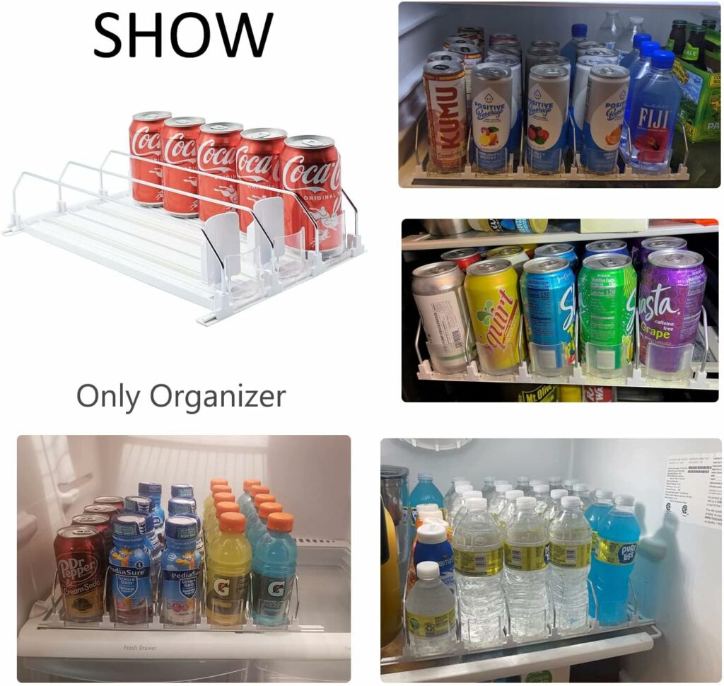 Drink Organizer for Fridge-White Automatic Pusher Glide,12oz 16oz 20oz-Soda Dispenser for Fridge-Holds up to 15 Cans