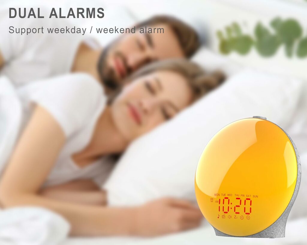 Wake Up Light Sunrise Alarm Clock for Kids, Heavy Sleepers, Bedroom, Upgraded Full Screen with Sunrise Simulation, Sleep Aid, Dual Alarms, FM Radio, Nightlight, 14 Colors, 7 Sounds, Fabric Light Gray