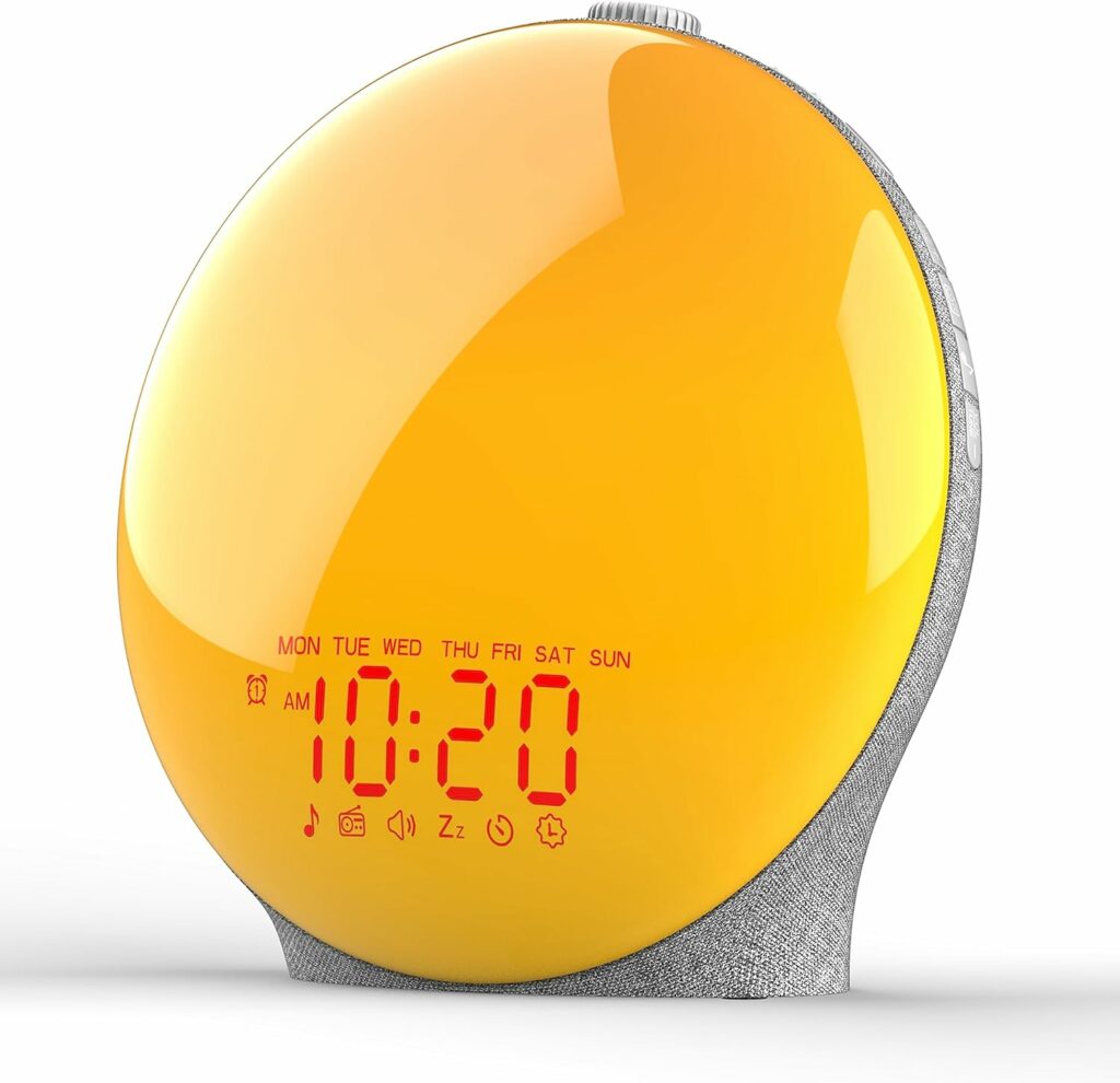 Wake Up Light Sunrise Alarm Clock for Kids, Heavy Sleepers, Bedroom, Upgraded Full Screen with Sunrise Simulation, Sleep Aid, Dual Alarms, FM Radio, Nightlight, 14 Colors, 7 Sounds, Fabric Light Gray